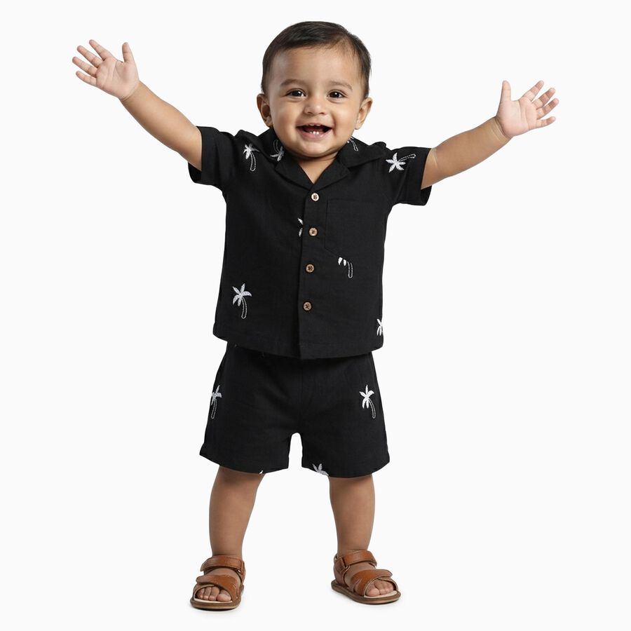 Infants' Black Cotton Collared Embroidered Baba Suit, Black, large