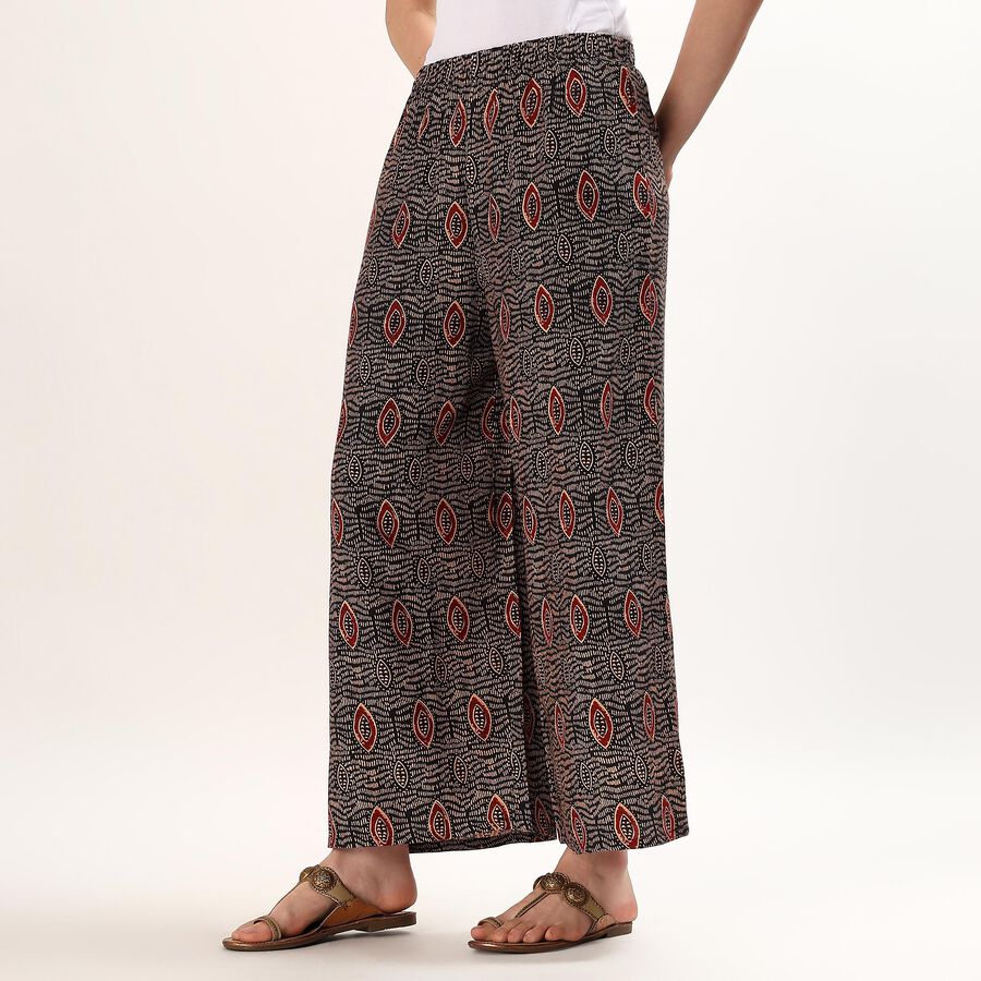 Women's Black Wide-Leg Smocked Printed Palazzos, काला, large