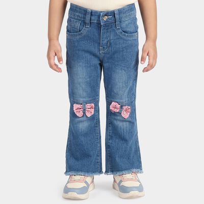 Girls Blue Flared Fit Sequin Bow Jeans