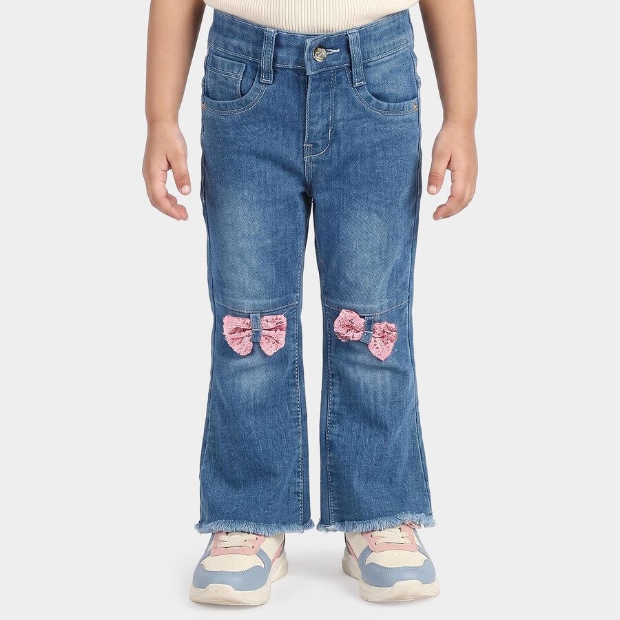 Girls Blue Flared Fit Sequin Bow Jeans, मध्यम नीला, large