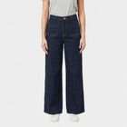 Women's Navy Blue Wide Leg High-Rise Patch Pocket Jeans, Dark Blue, small