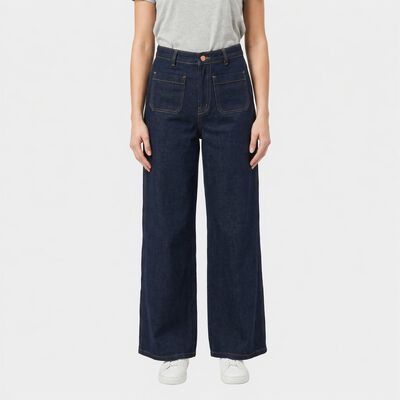 Women's Navy Blue Wide Leg High-Rise Patch Pocket Jeans