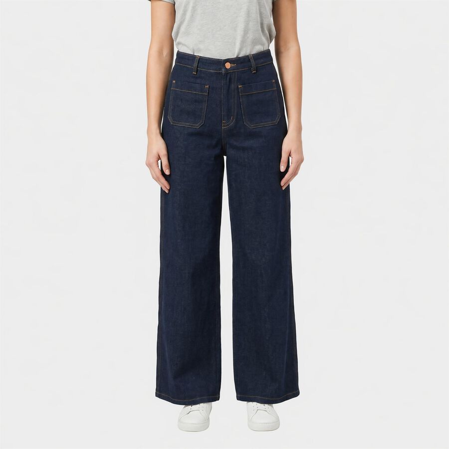 Women's Navy Blue Wide Leg High-Rise Patch Pocket Jeans, Dark Blue, large