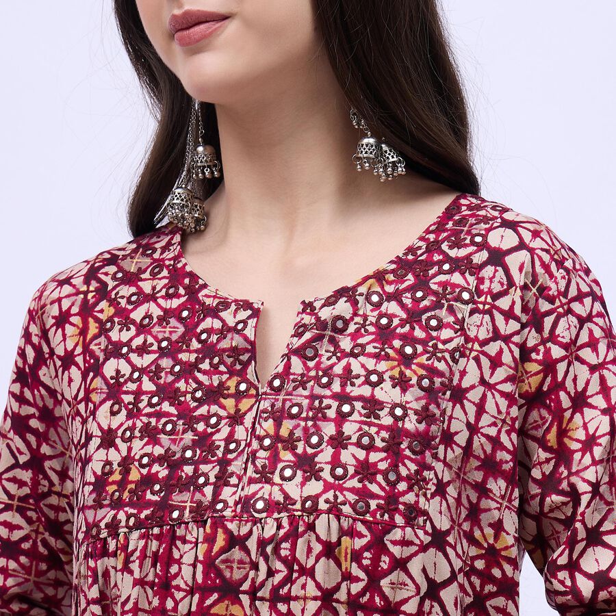 Women's Burgundy Round Neck Printed Kurta, वाइन, large
