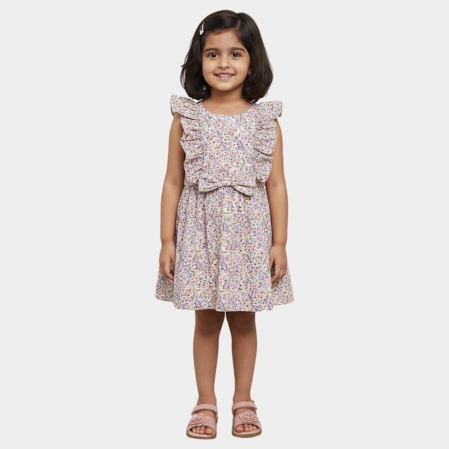 Girls' White Fit and Flare Floral Printed Ruffle Frock, Off White, large