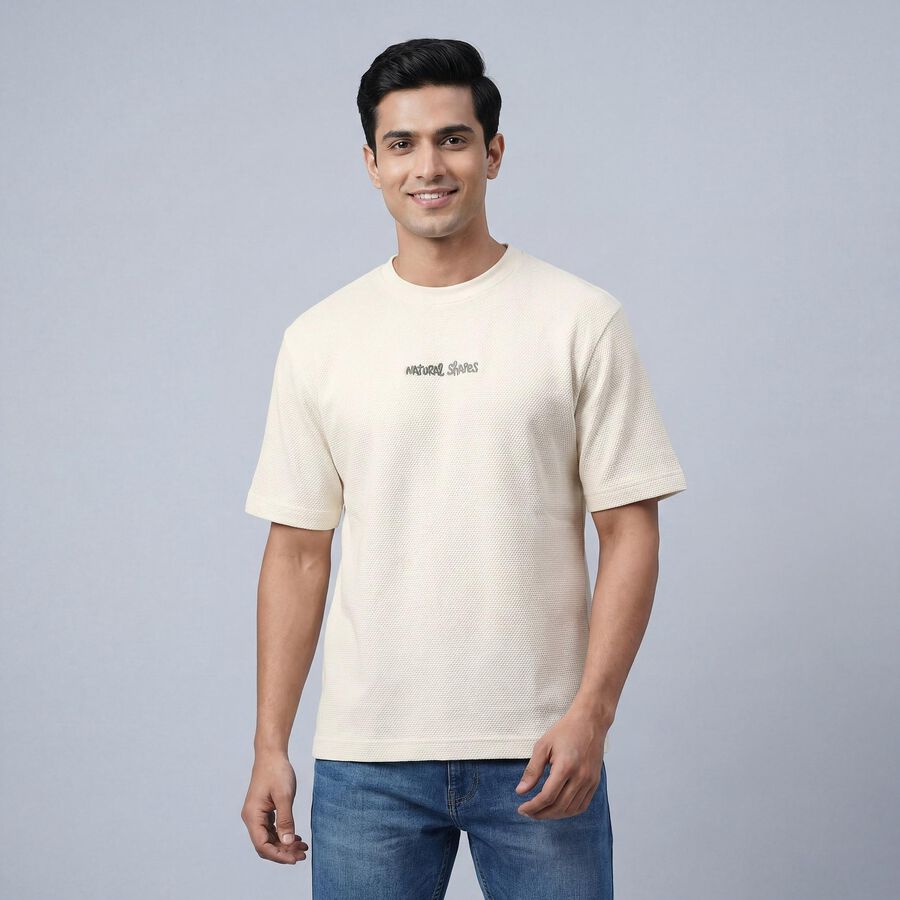Men's Ecru Melange Cotton Round Neck Casual T-Shirt, Ecru Melange, large