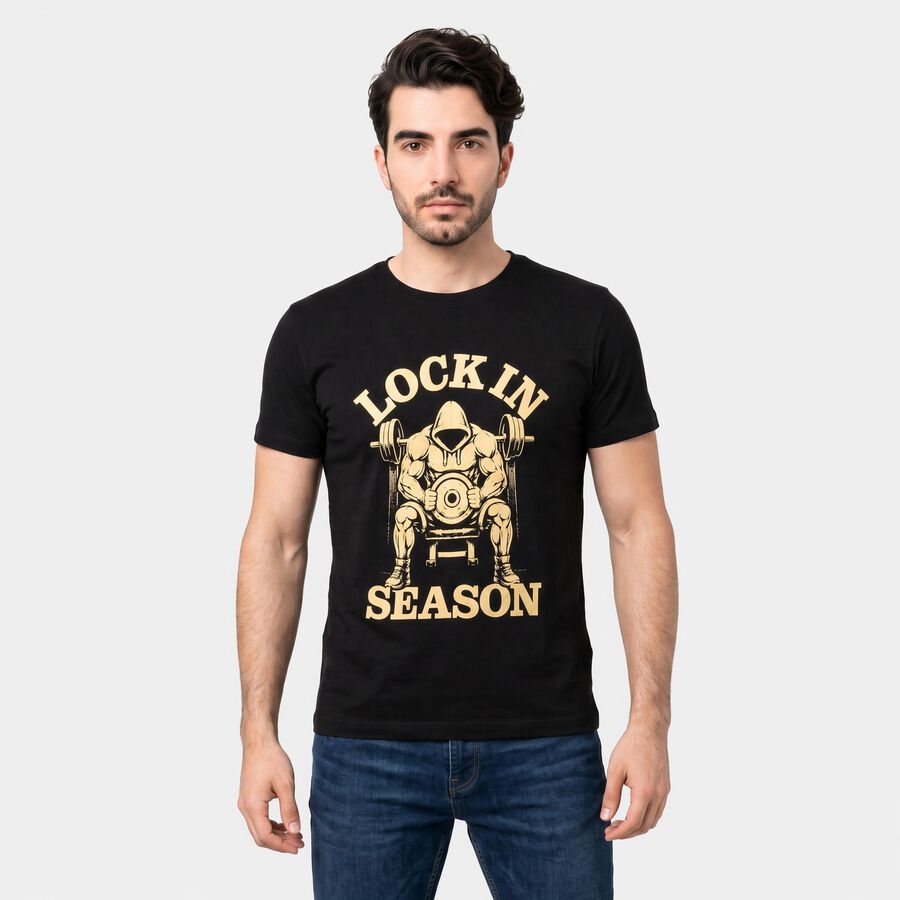 Men's Black Round Neck Regular Graphic Printed T-Shirt, काला, large