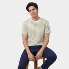 Men's Green Round Neck Striped Regular T-Shirt, हल्का हरा, small