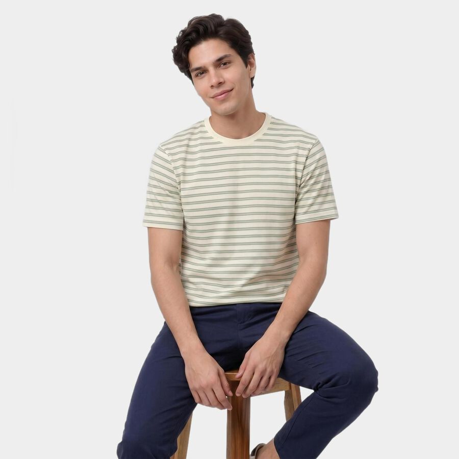 Men's Green Round Neck Striped Regular T-Shirt, हल्का हरा, large