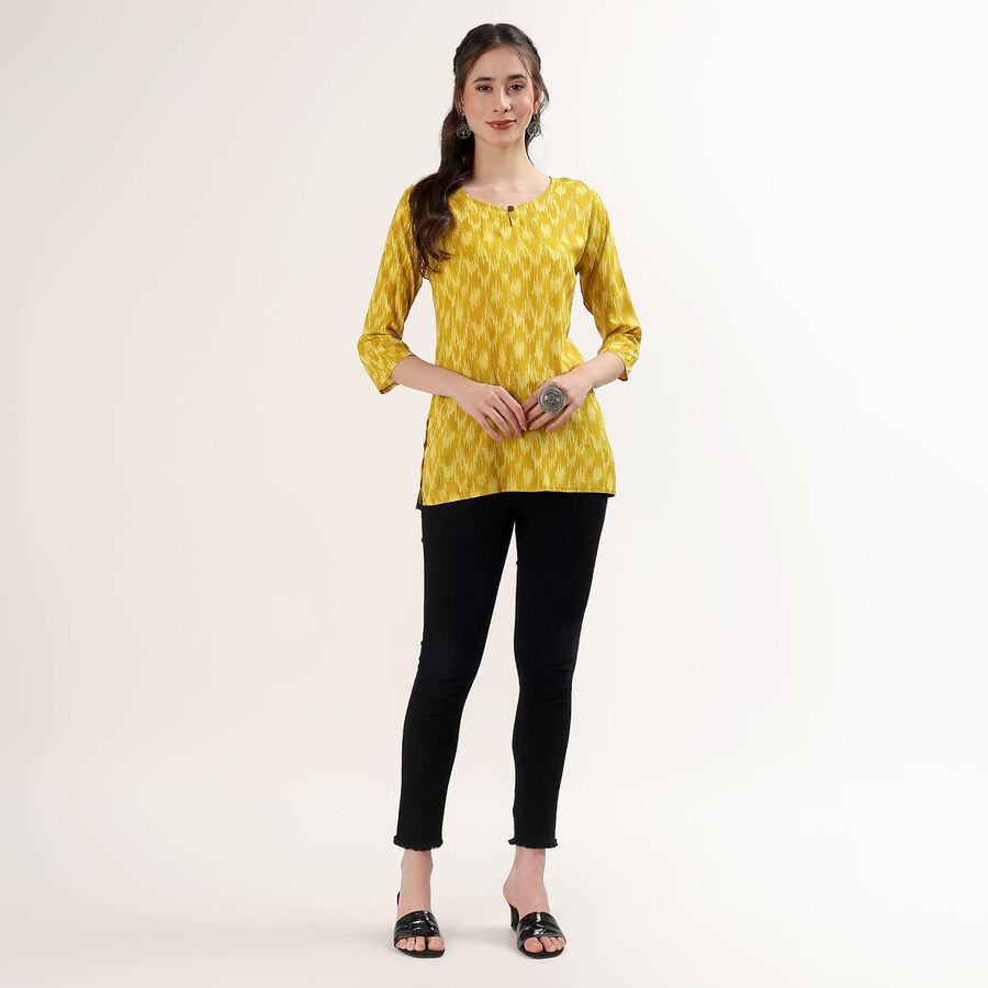 Women's Yellow Notch Neck Floral Printed Kurti, Yellow, large