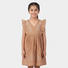 Girls' Brown Cotton V-Neck A-Line Dress, Brown, small