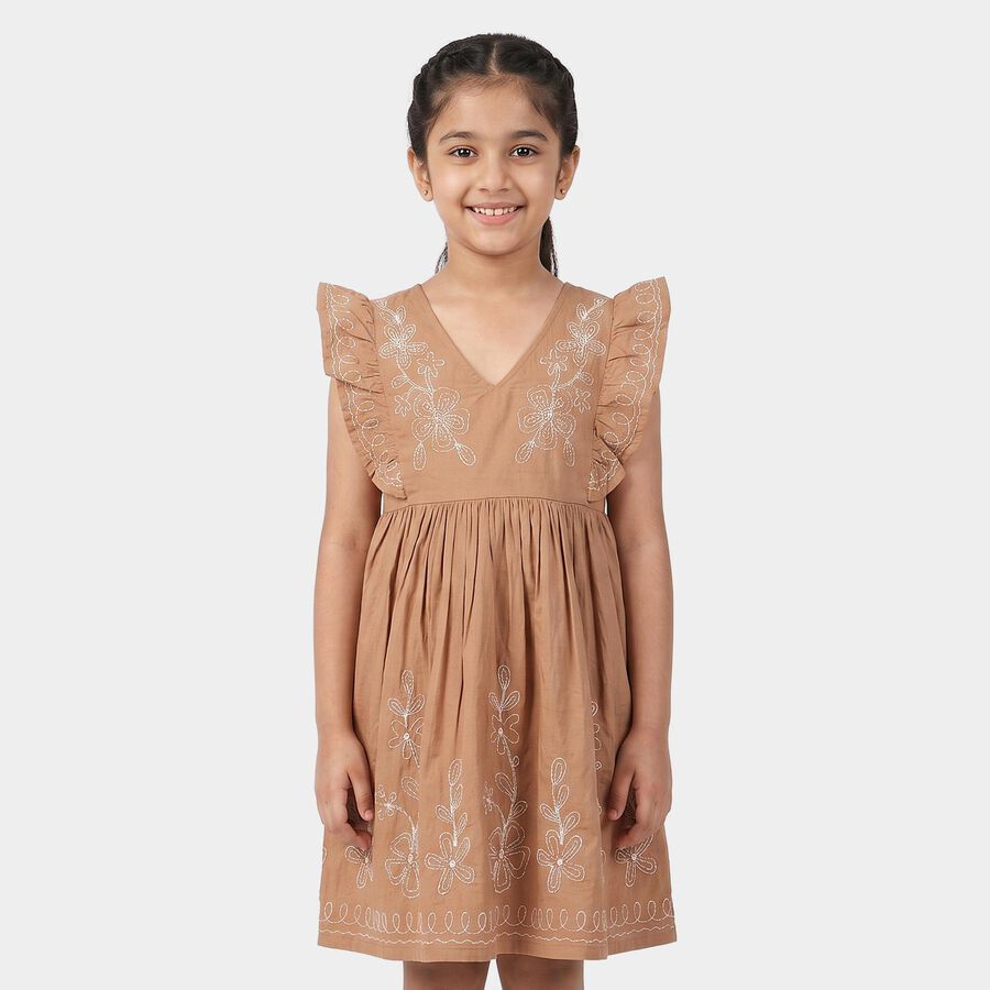 Girls' Brown Cotton V-Neck A-Line Dress, Brown, large