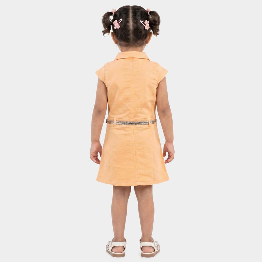 Girls' Peach A-Line Belted Shirt Collar Frock, पीच, large