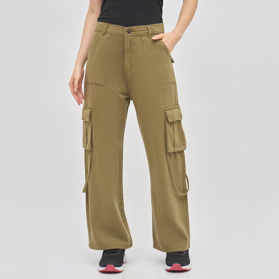 Women's Olive Green Wide-Leg Cargo Jeans, ओलिव, large image number null
