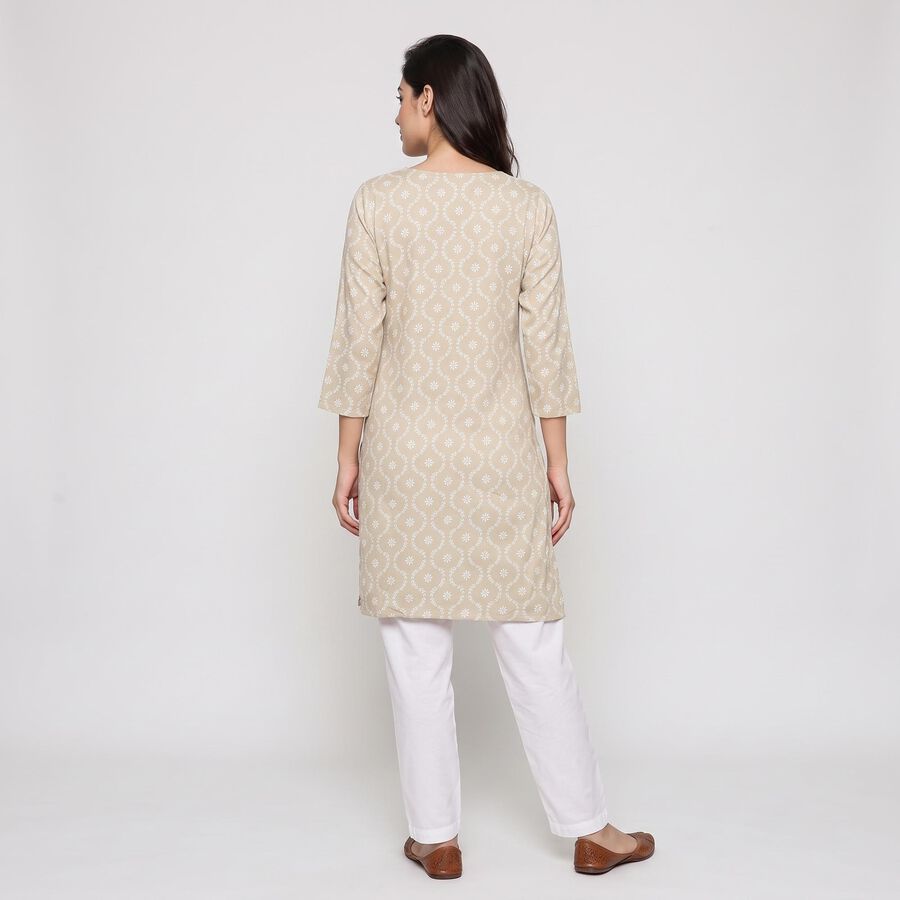 Women's Beige Round Neck Printed Kurta, Beige, large