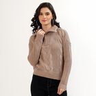 Women's Muted Beige Half-Zip Casual Pullover, भूरा, small image number null