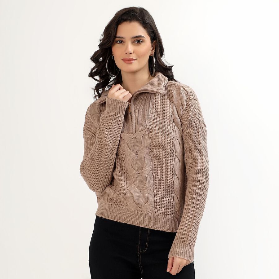 Women's Muted Beige Half-Zip Casual Pullover, भूरा, large image number null