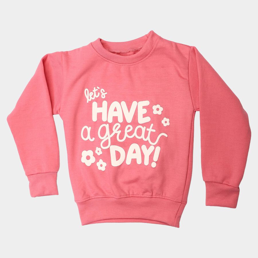 Girls Pink Crew Neck Graphic Print Sweatshirt, Pink, large