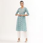Women's Muted Blue Cotton Round Neck Embellished Kurta, Mid Blue, small image number null