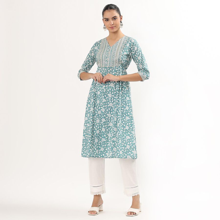 Women's Muted Blue Cotton Round Neck Embellished Kurta, Mid Blue, large image number null