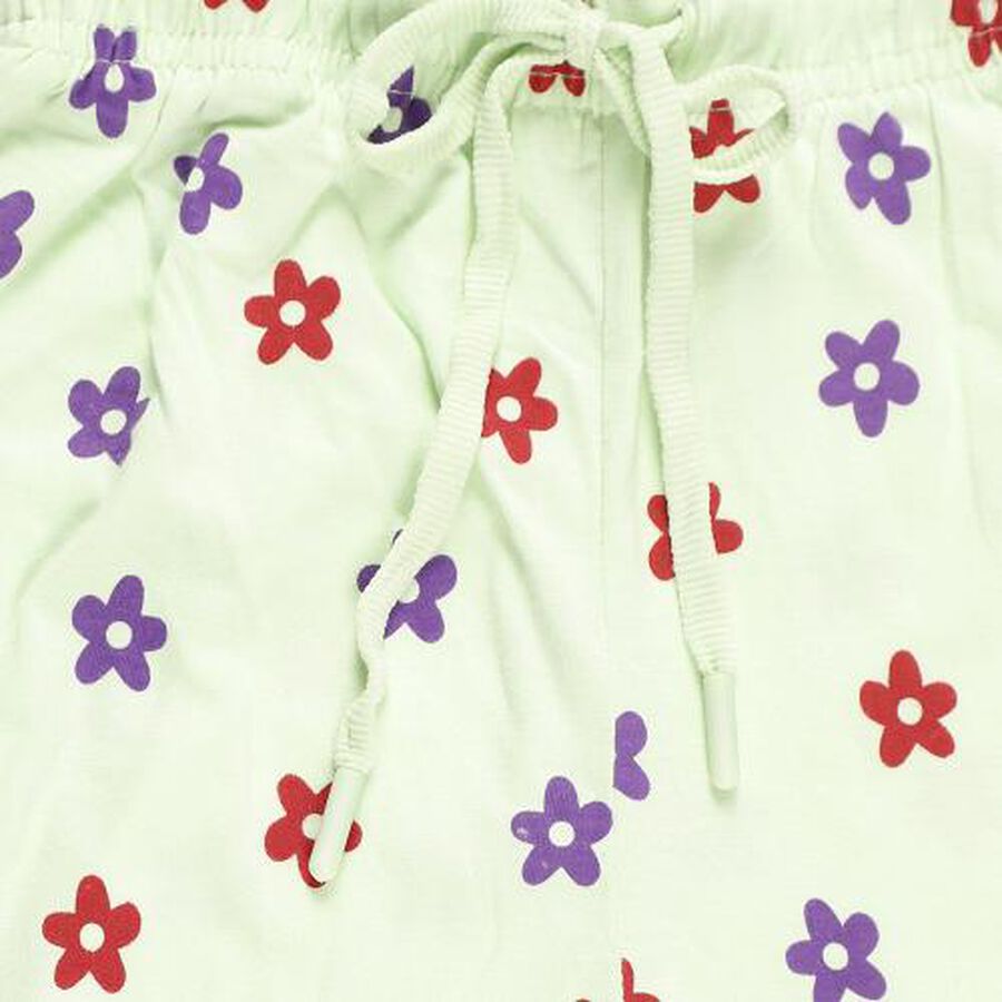 Girls' Light Mint Green Floral Printed Cotton Blend Pyjama, Light Green, large image number null