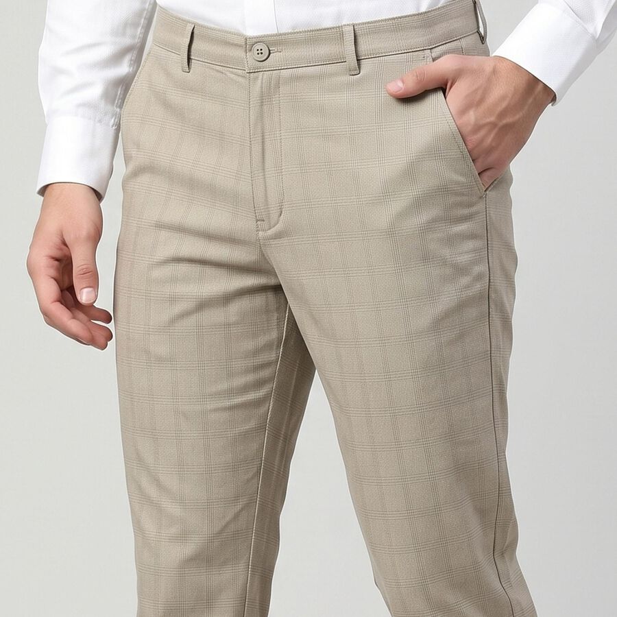 Men's Light Grey Slim Fit Checked Chino Trousers, हल्का ग्रे, large