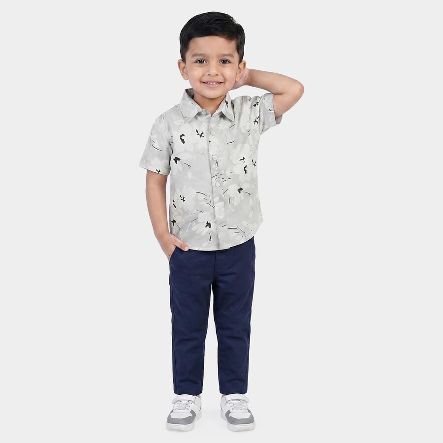 Boys Grey 100% Cotton Floral Printed Collar Regular Fit Shirt, गहरा ग्रे, large