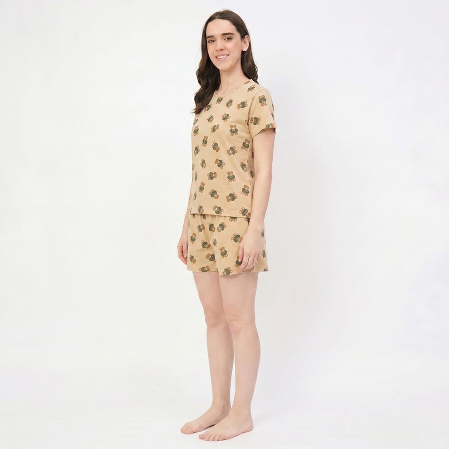 Women's Brown Round Neck Teddy Bear Printed Night Suit, Brown, large