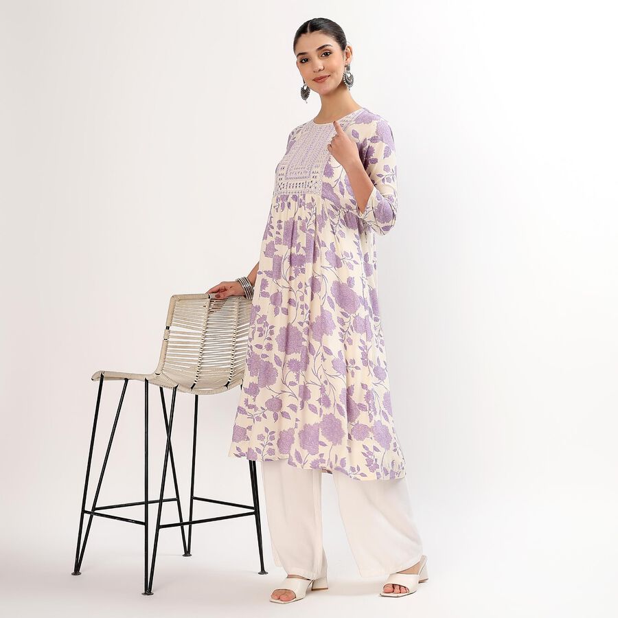 Women's Muted Lavender Purple Round Neck Embroidered Floral Kurta, Lilac, large