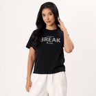 Women's Black Cotton Round Neck Minimalist T-Shirt, Black, small