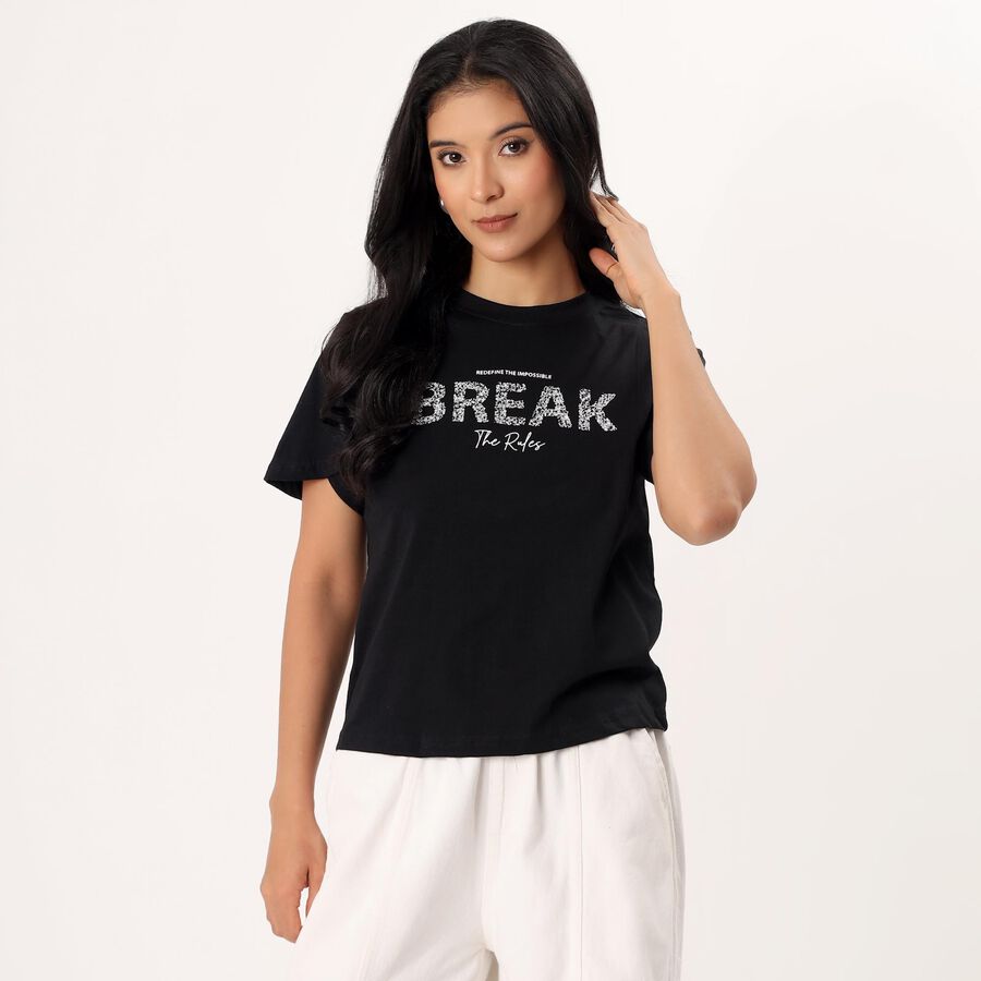 Women's Black Cotton Round Neck Minimalist T-Shirt, Black, large