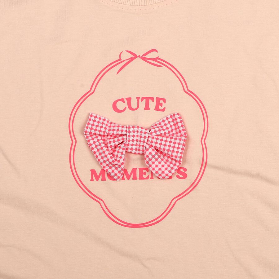 Girls Light Pink Cotton Round Neck Casual T-Shirt, Light Pink, large