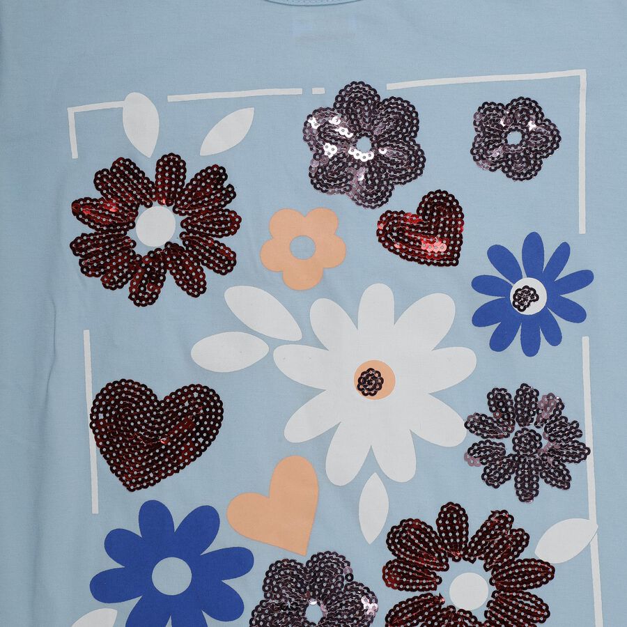 Girls' Blue Cotton Round Neck Casual T-Shirt, रॉयल ब्लू, large