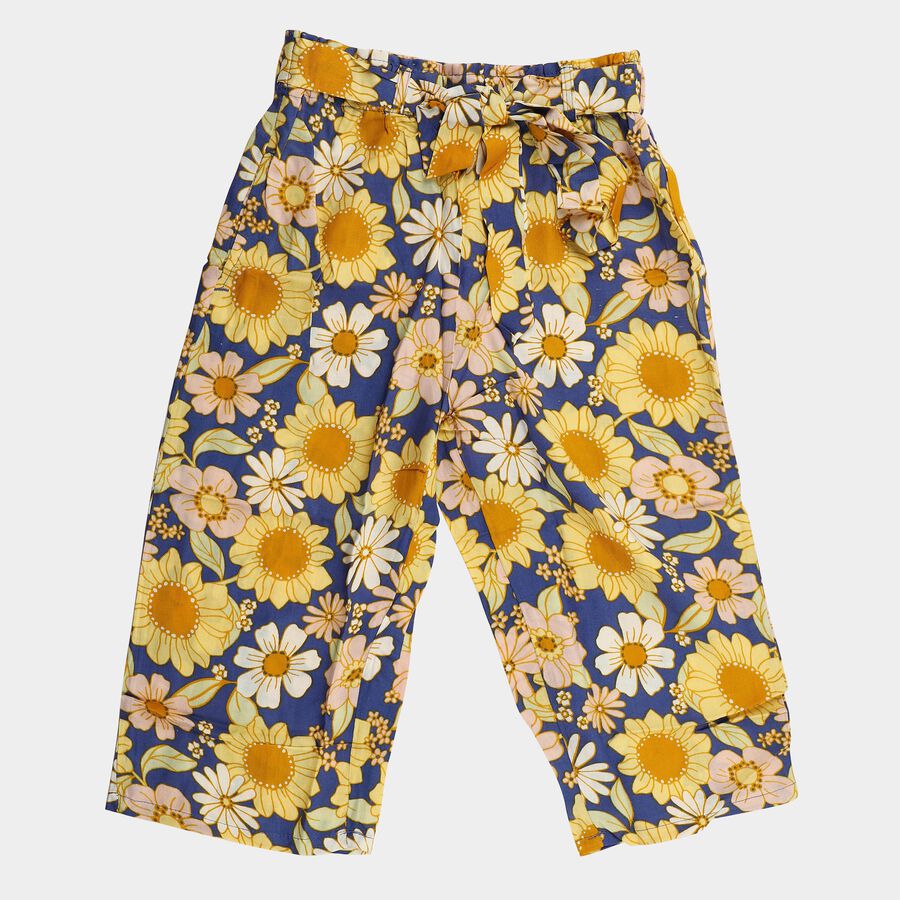 Girls' Mid Blue Relaxed Fit Floral Printed Capri, मध्यम नीला, large