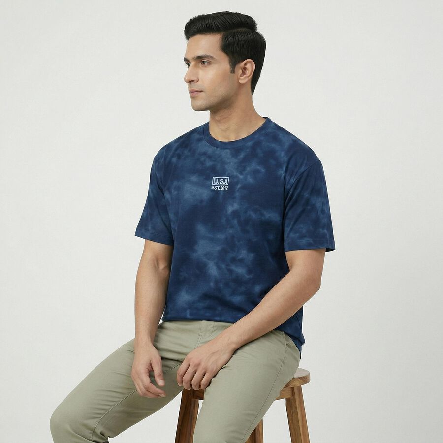 Men's Dark Blue Round Neck Casual T-Shirt, गहरा नीला, large