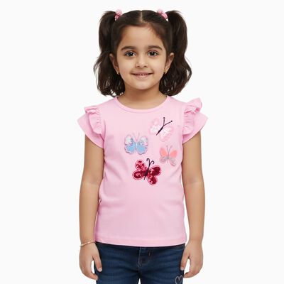 Girls Light Pink Cotton Round Neck Casual T-Shirt
