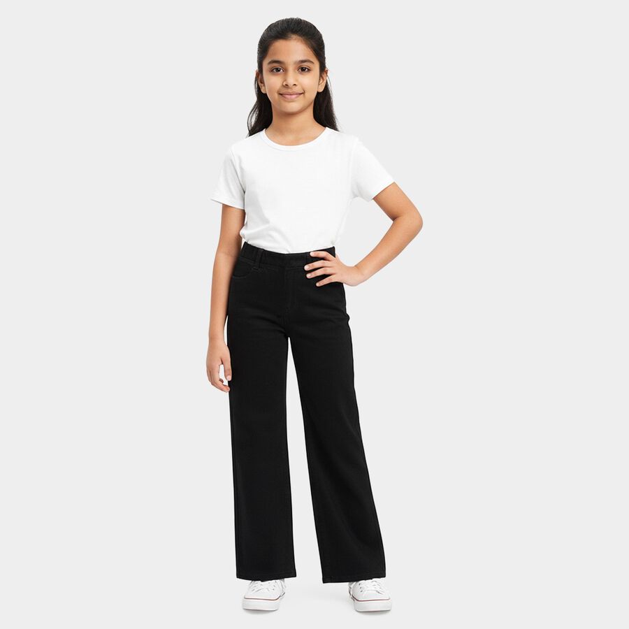Girls' Black Relaxed Fit Washed Jeans, काला, large
