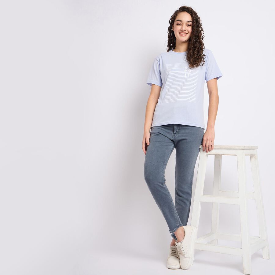 Ladies'  Stripes Round Neck T-Shirt, Light Blue, large image number null