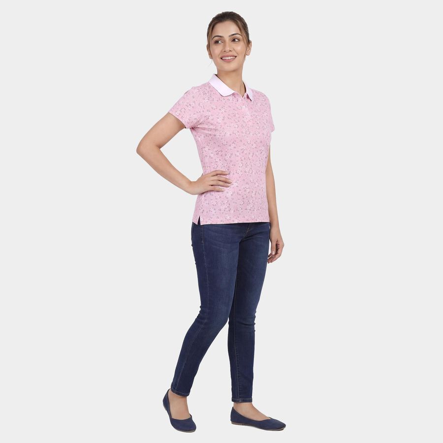 Women's Pink Cotton Polo Neck Preppy Polo T-Shirt, Light Pink, large