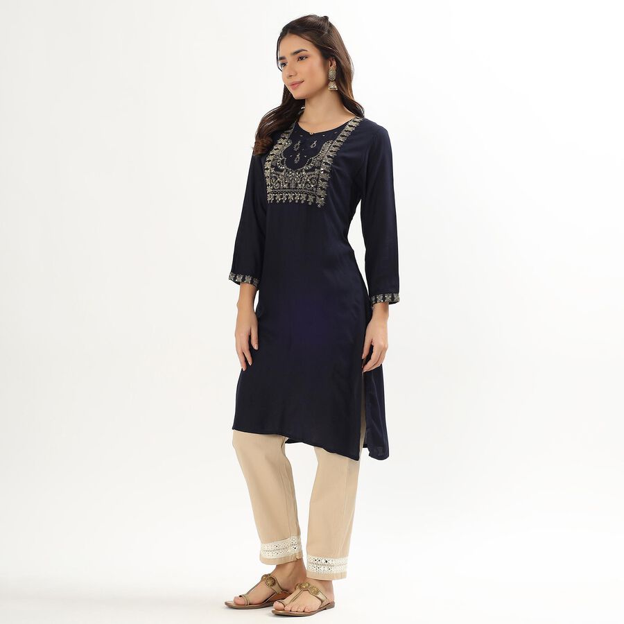 Women's Deep Midnight Navy Round Neck Embroidered Kurta, नेवी ब्लू, large image number null