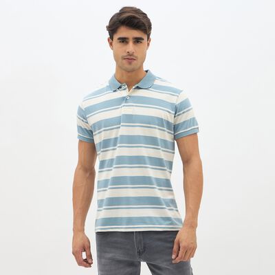 Men's Light Steel Blue Polo Neck Striped T-Shirt