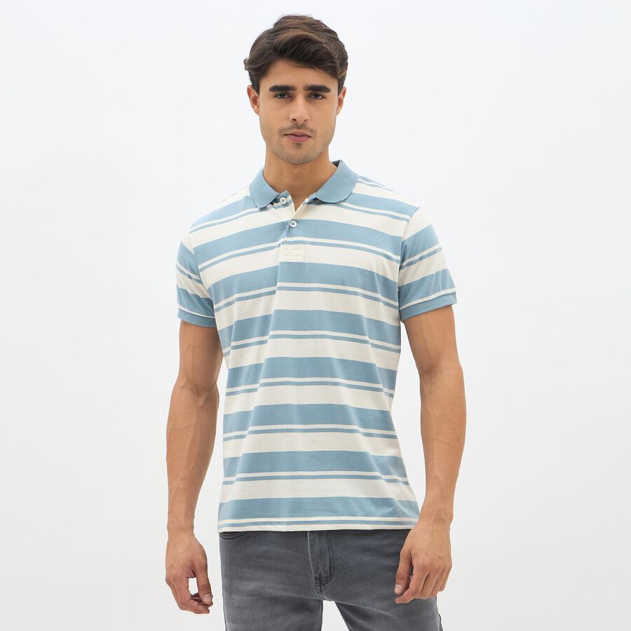 Men's Light Steel Blue Polo Neck Striped T-Shirt, मध्यम नीला, large image number null