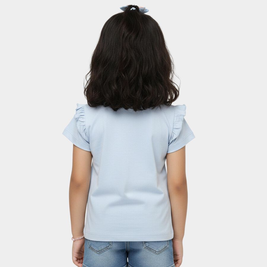 Girls' Light Blue Cotton Round Neck Ruffle Sleeve T-Shirt, Light Blue, large