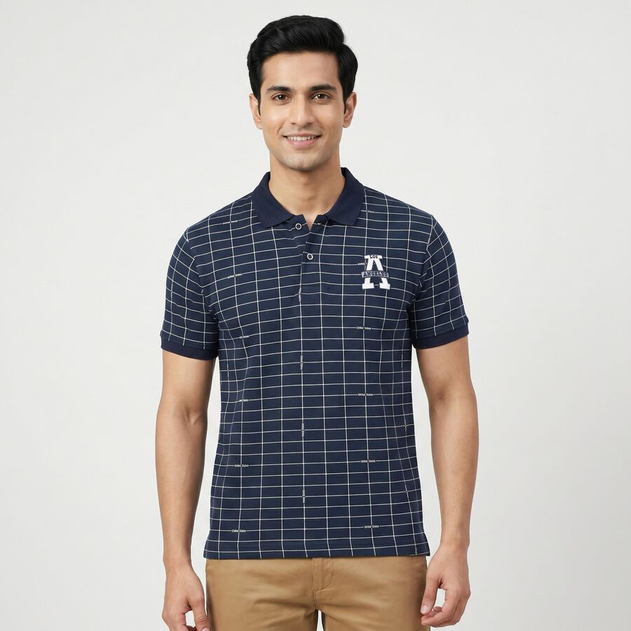 Men's Navy Blue Cotton Blend Collared Preppy T-Shirt, नेवी ब्लू, large