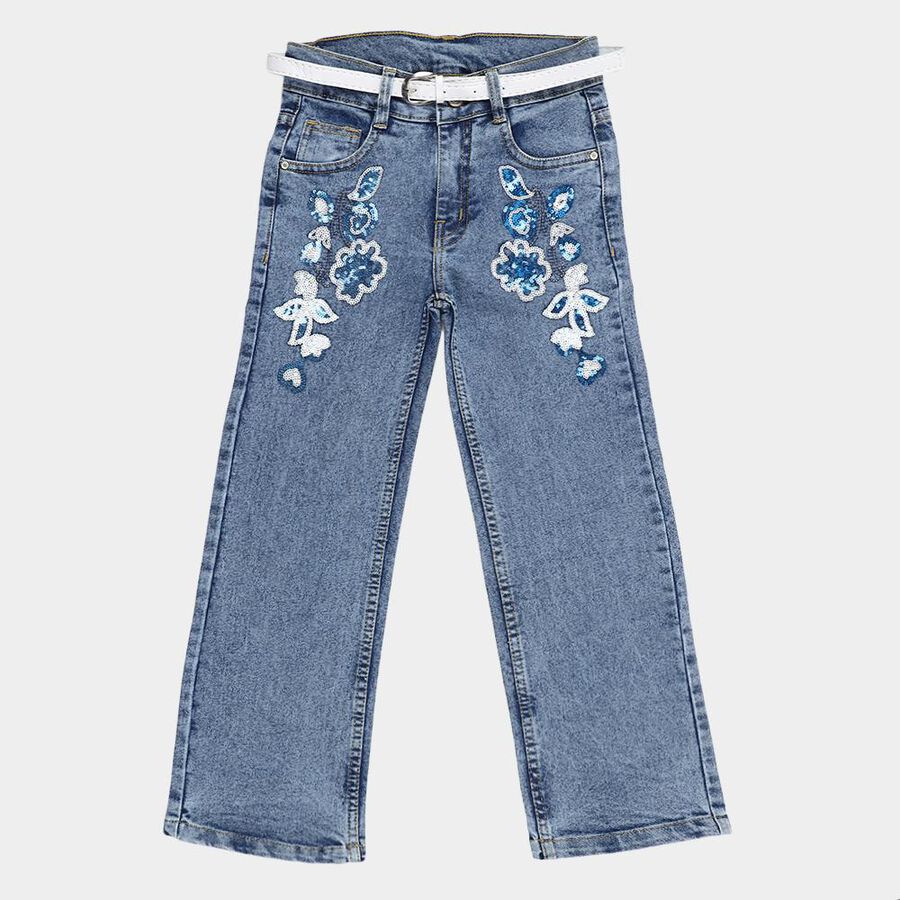 Girls' Light Blue Wide Leg Embroidered Jeans, Light Blue, large