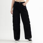 Women's Jet Black Wide Leg Cargo Jeans, काला, small image number null