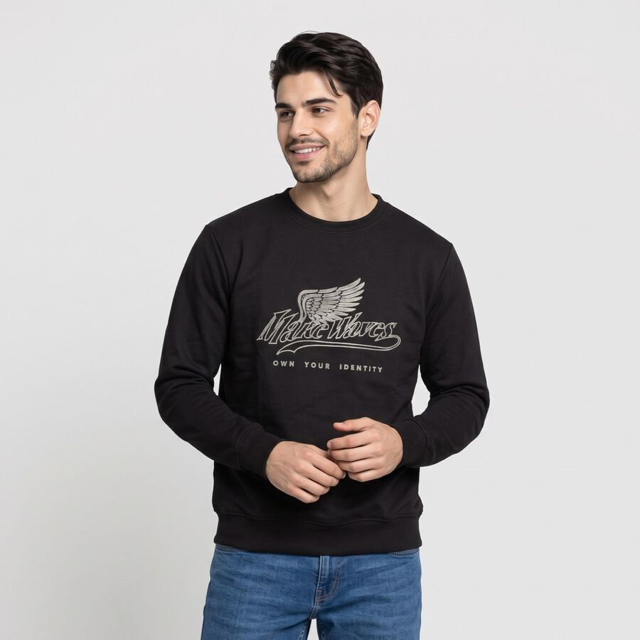 Men's Black Crew Neck Graphic Print Sweatshirt, Black, large