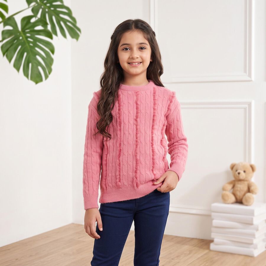 Girls' Pink Crew Neck Cable Knit Pullover, Light Pink, large