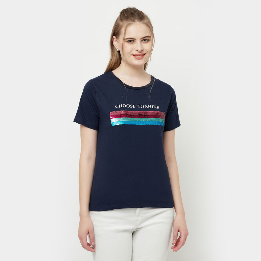 Embellished Round Neck T-Shirt, Navy Blue, large image number null