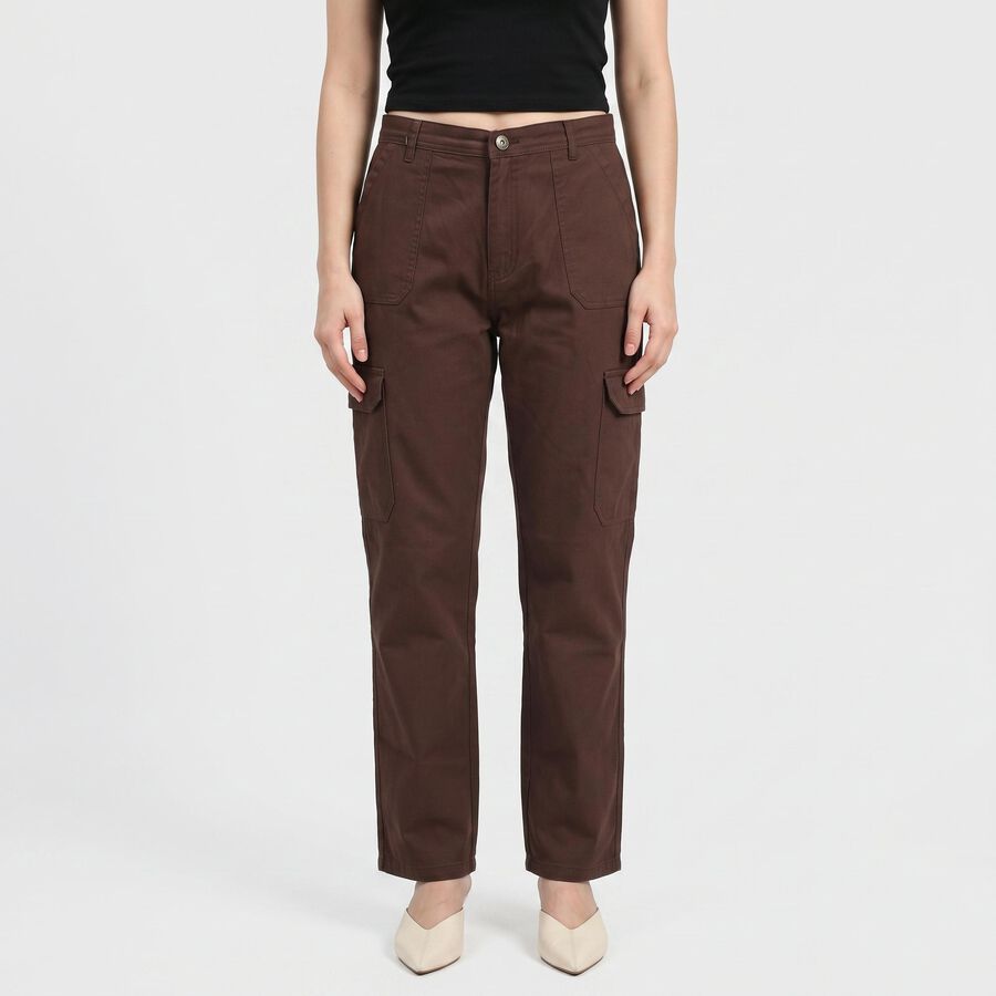 Women Brown Straight Fit Cargo Trousers, Brown, large